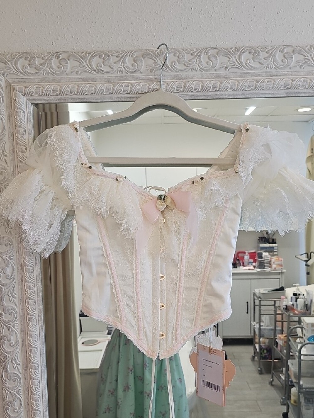 Lace Off-Shoulder Corset Top in White and Pale Pink - Picture 5 of 10